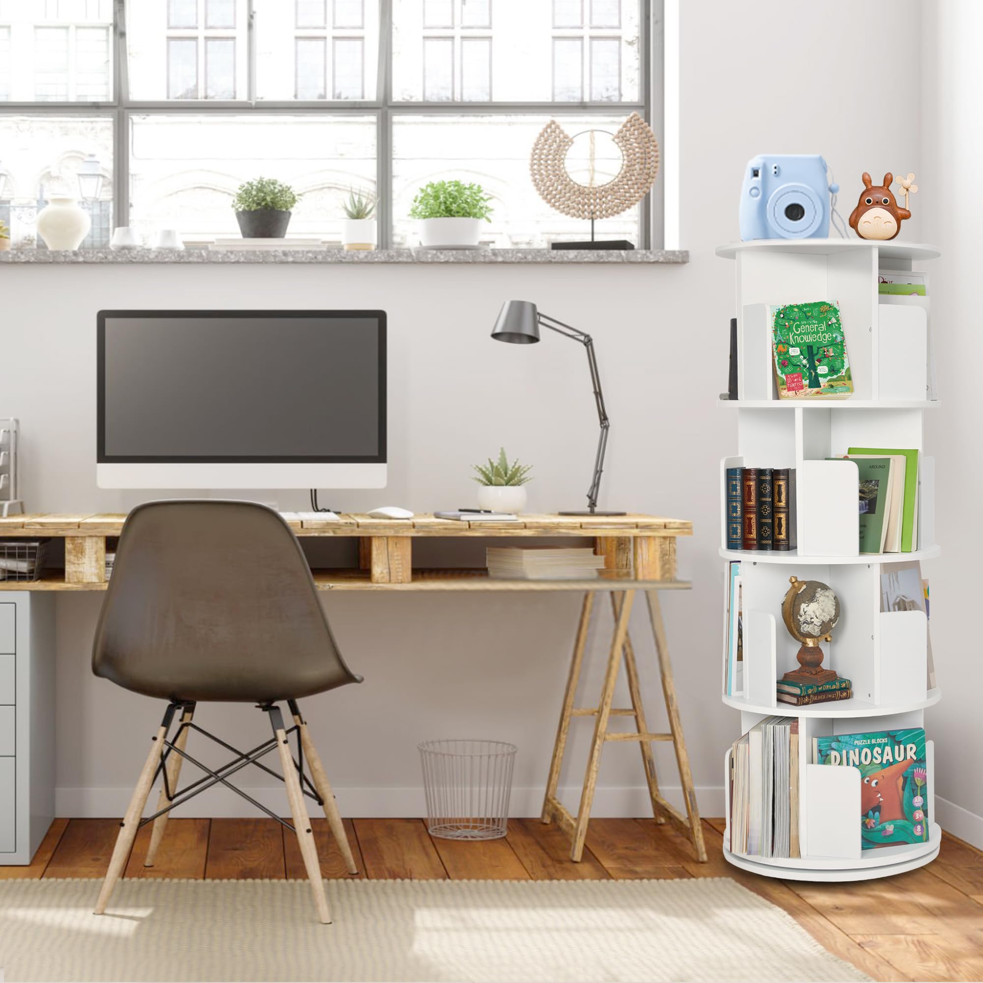 Rotating Bookshelf,Wood Corner Bookshelf 4 Tier 360 Display Spinning Bookshelf Floor Standing Bookcase White Stackable Bookshelf Storage Rack Organizer for Small Space Bedroom Living Room Study Room