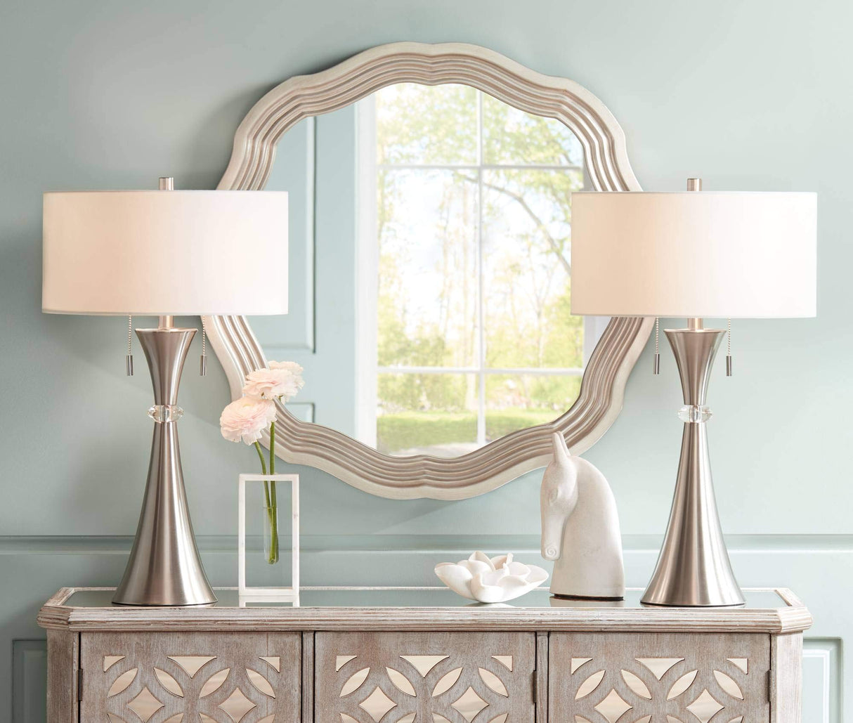 Rachel Modern Art Deco Table Lamps 28" Tall Set of 2 Concave Column Hourglass Silver