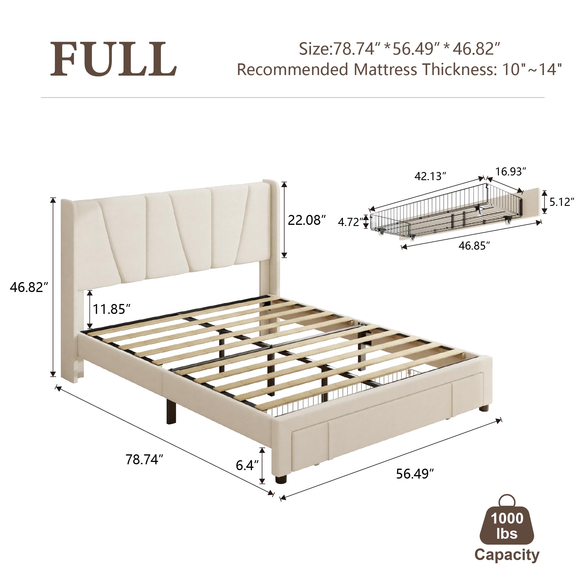 SwnftWinnt Full Bed Frame with Storage Drawers, Upholstered Platform Bed with Wingback Headboard, Solid Wooden Slats Support, Easy Assembly, No Box Spring Needed, Beige