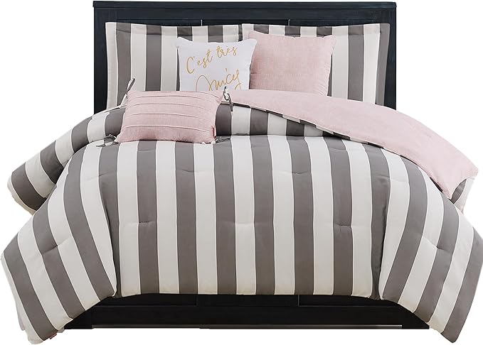 Cabana Stripe Reversible Bedding Set - Queen Size - Black and White Stripe Print – 6
