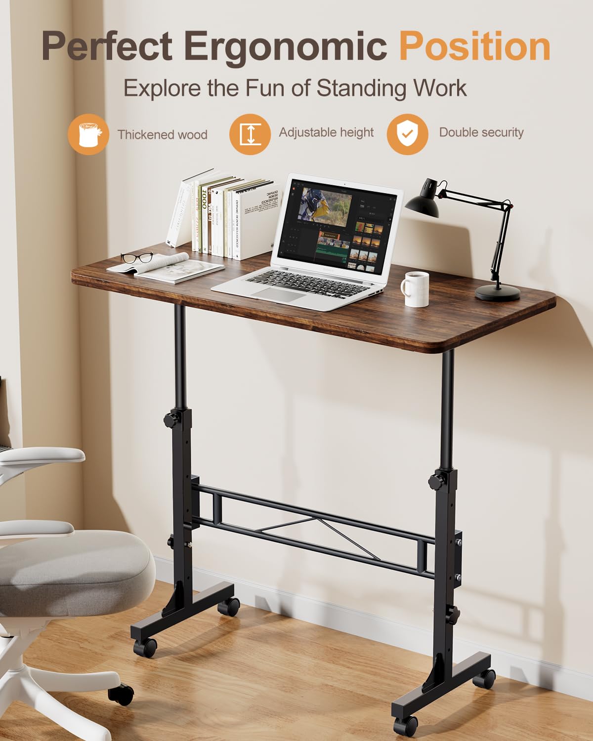Small Standing Desk Adjustable Height, Mobile Stand up Desks with Wheels, 32 Inch Portable Rolling Small Computer Desks, Portable Laptop Desk Wood Rustic