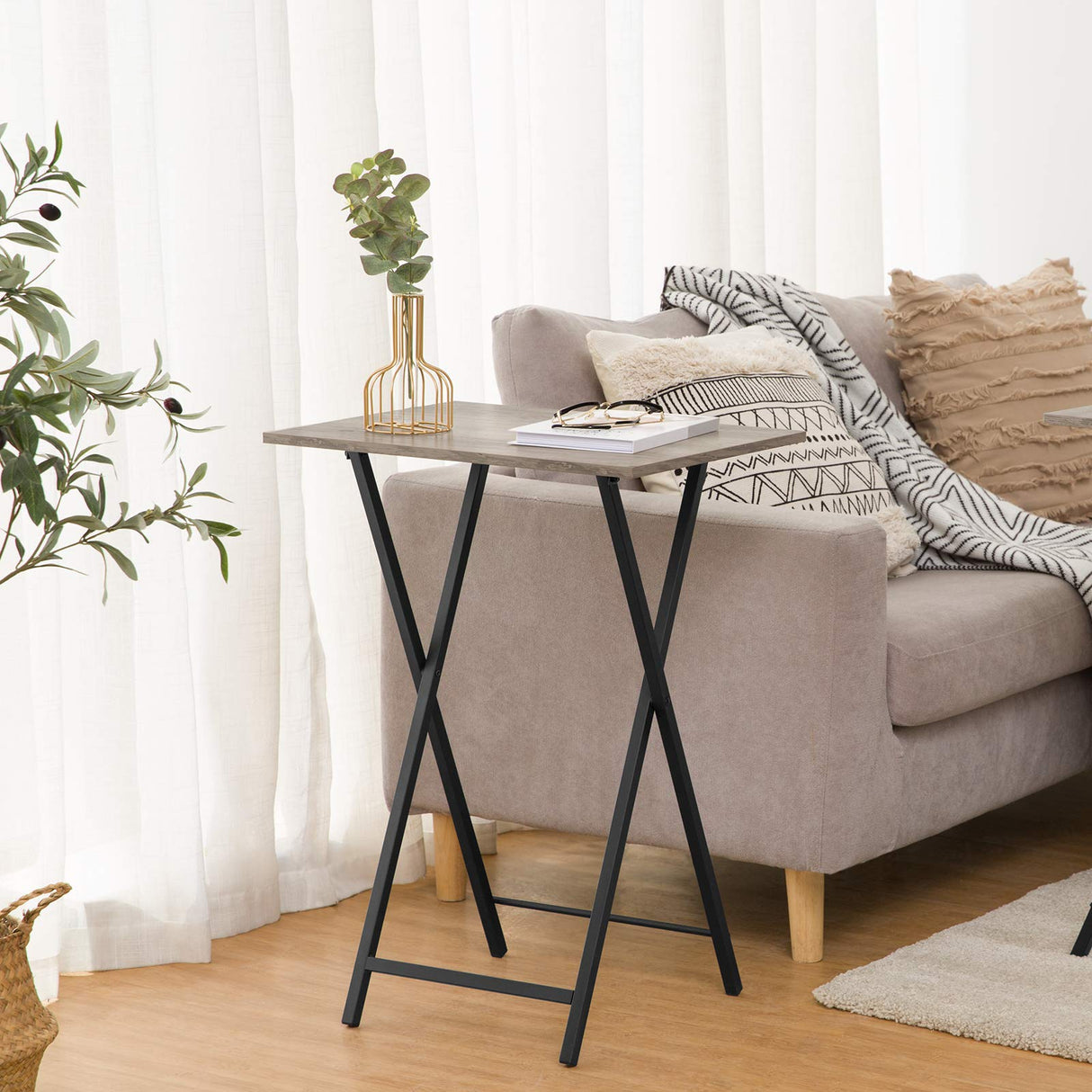 HOOBRO Folding TV Table, TV Tray, Stable Snack Table for Small Space, Portable Sofaside Table, Easy Assembly and Storage, Ideal for Snacks and Meals in Living Room, Greige and Black BG15BZ01