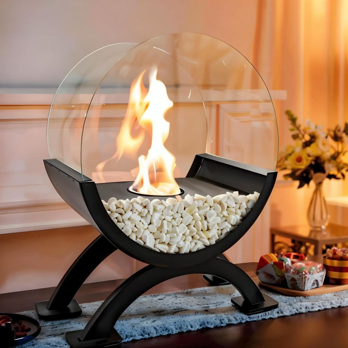 Round Glass Large Tabletop Fireplace 12.5" H Portable Fire Bowl Pot Clean Burning Bio Ethanol Ventless Fireplace for Indoor Outdoor Patio Parties Events(Black) - Bircata