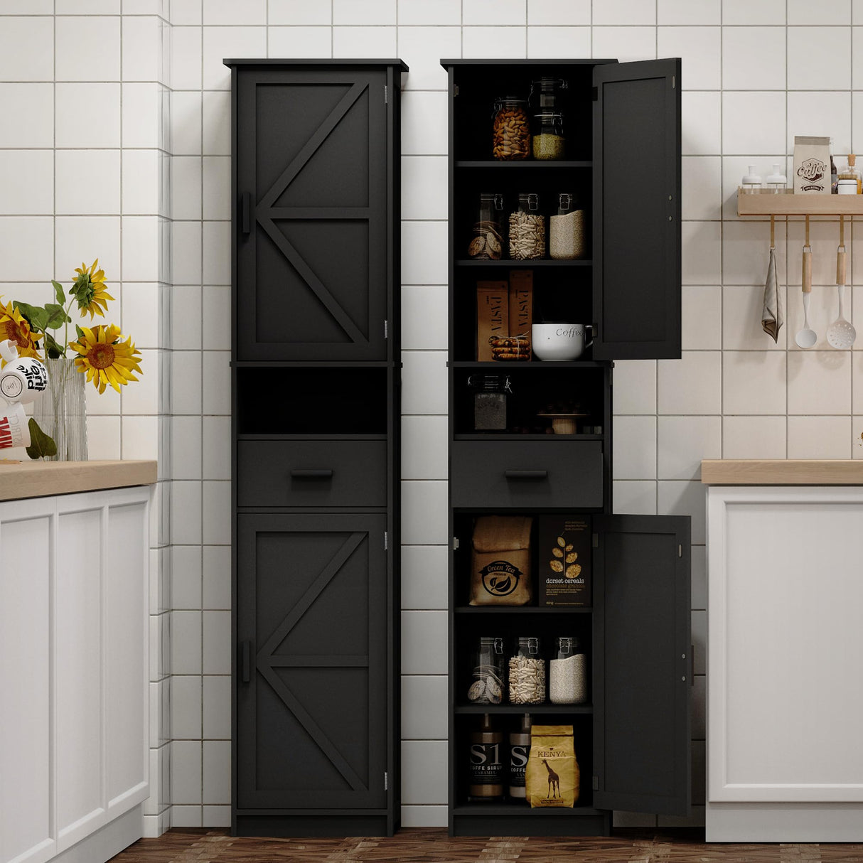 69“ Tall Bathroom Cabinet Features 2 Doors, 1 Open Shelf Drawer