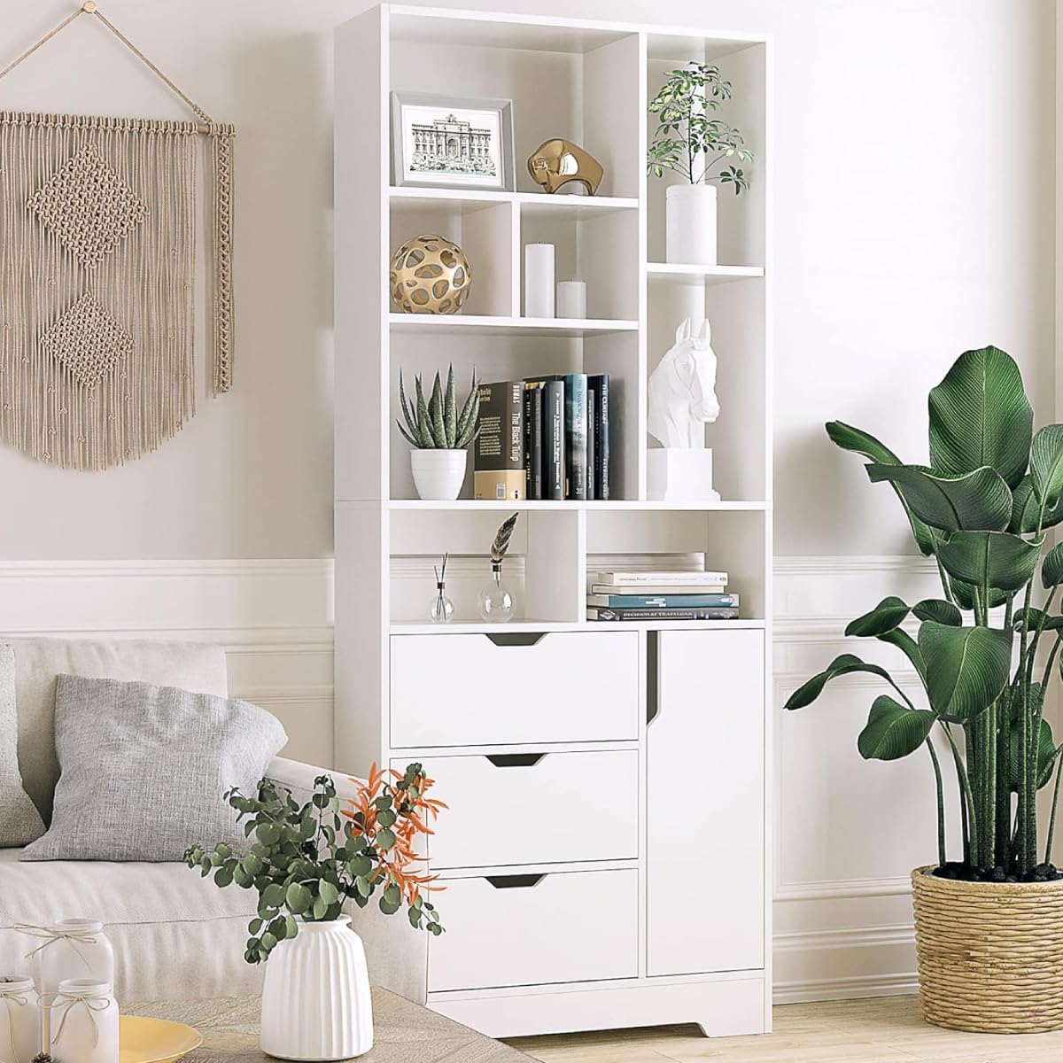 Stylish White Bookshelf, 71" Tall Bookshelf with Doors and 3 Drawers