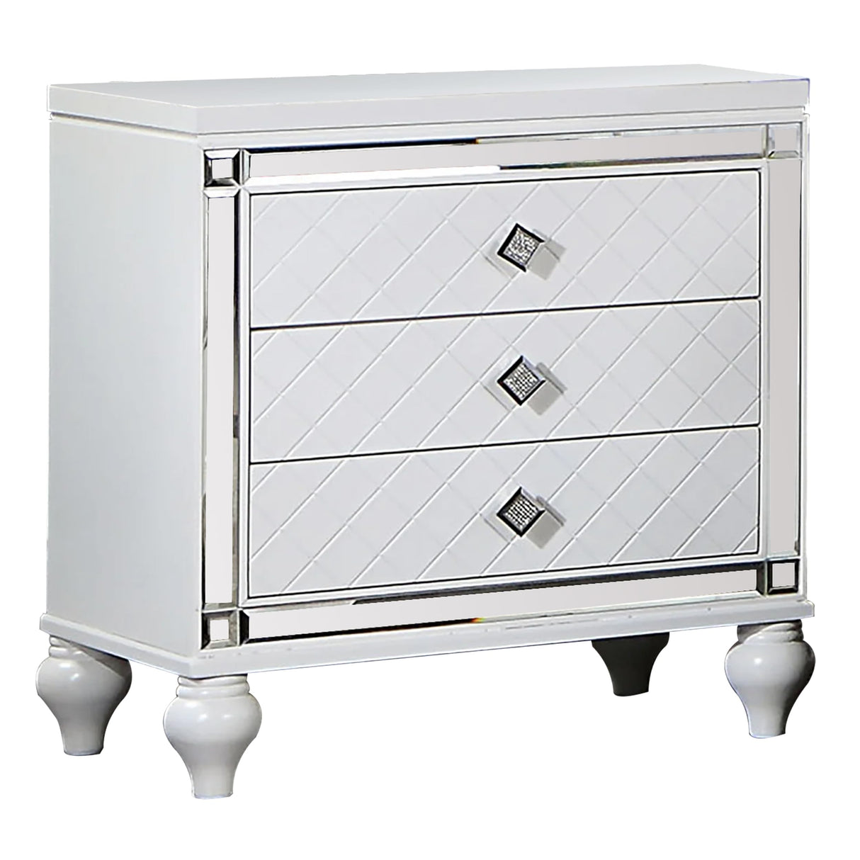 Benjara Calan 28 Inch Nightstand, 3 Drawers, Pebble Texture, Mirror Trim, White and Chrome