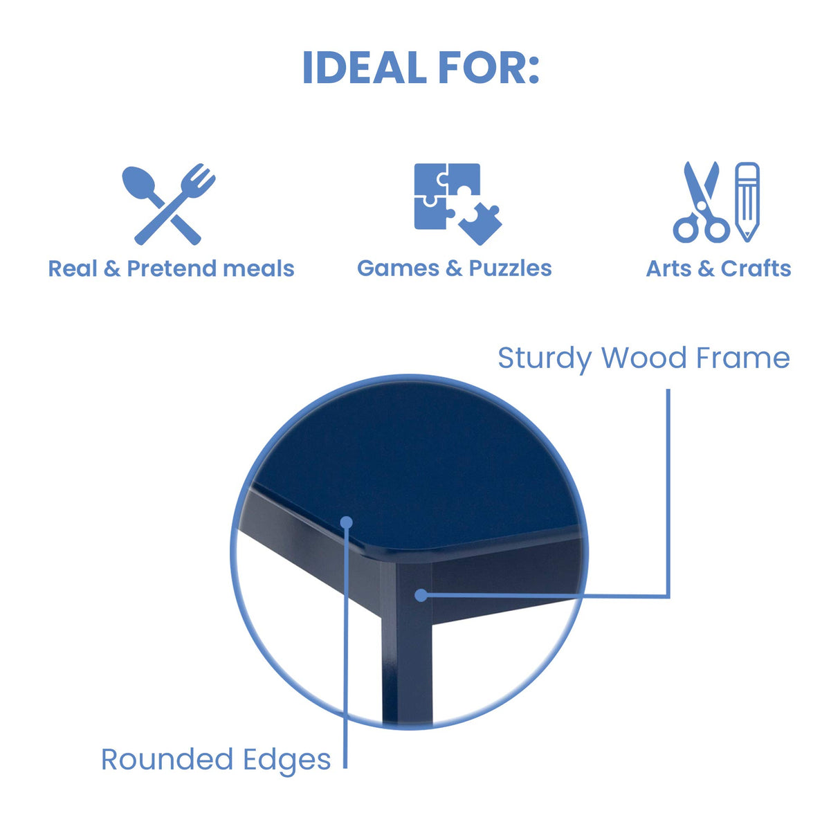 MySize Kids Wood Table and Chair Set (2 Chairs Included), Deep Blue