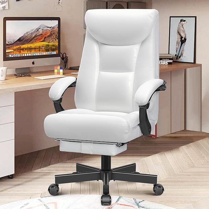 Ergonomic Office Chair, Big and Tall Executive Home Office Desk Chair, Shiny Leather Swivel Computer Chair with High Back, Wheels, Lumbar Support, Footrestļ¼Blackļ¼