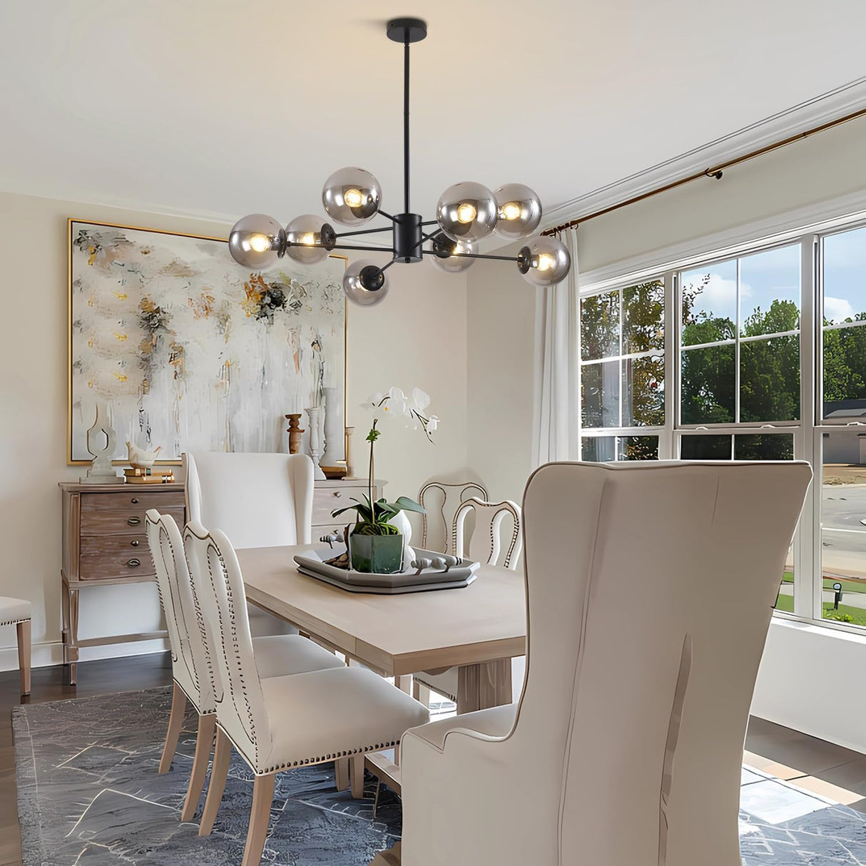 BOKT Mid Century Modern Matte Black Chandelier 8-Lights Globe Glass Ball Chandelier Flush Mount Ceiling Light Industrial Vintage Farmhouse Kitchen Island Pendant Lighting Fixture