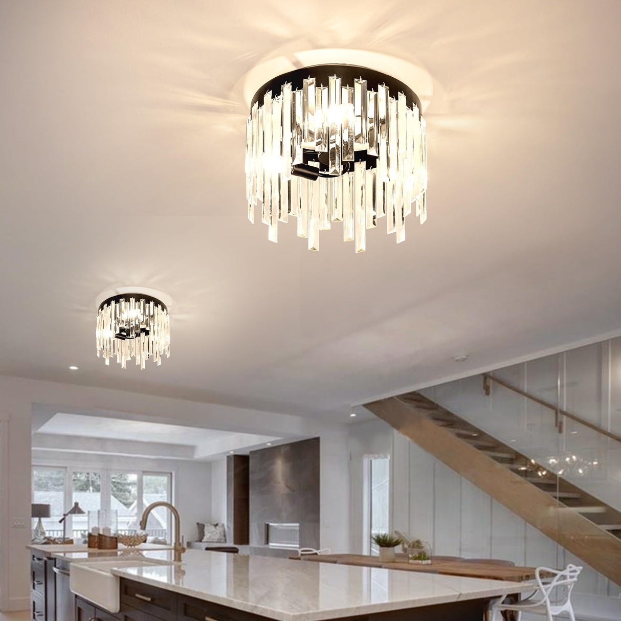 Crystal Ceiling Light, Balck Flush Mount Ceiling Light, Modern Chandelier