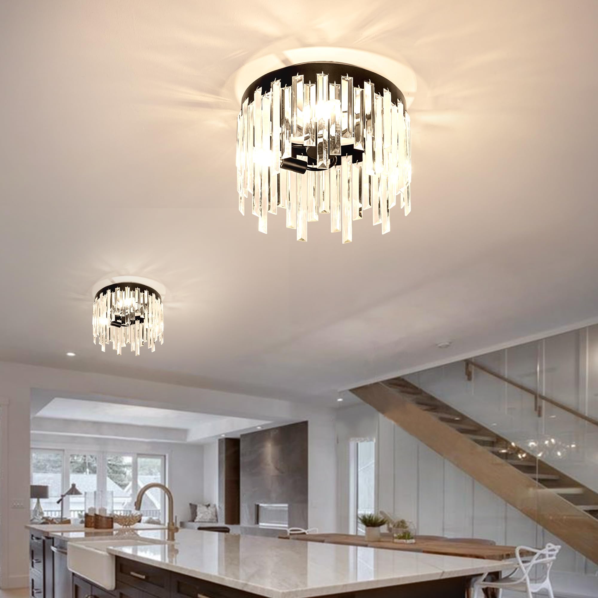Crystal Ceiling Light, Balck Flush Mount Ceiling Light, Modern Chandelier
