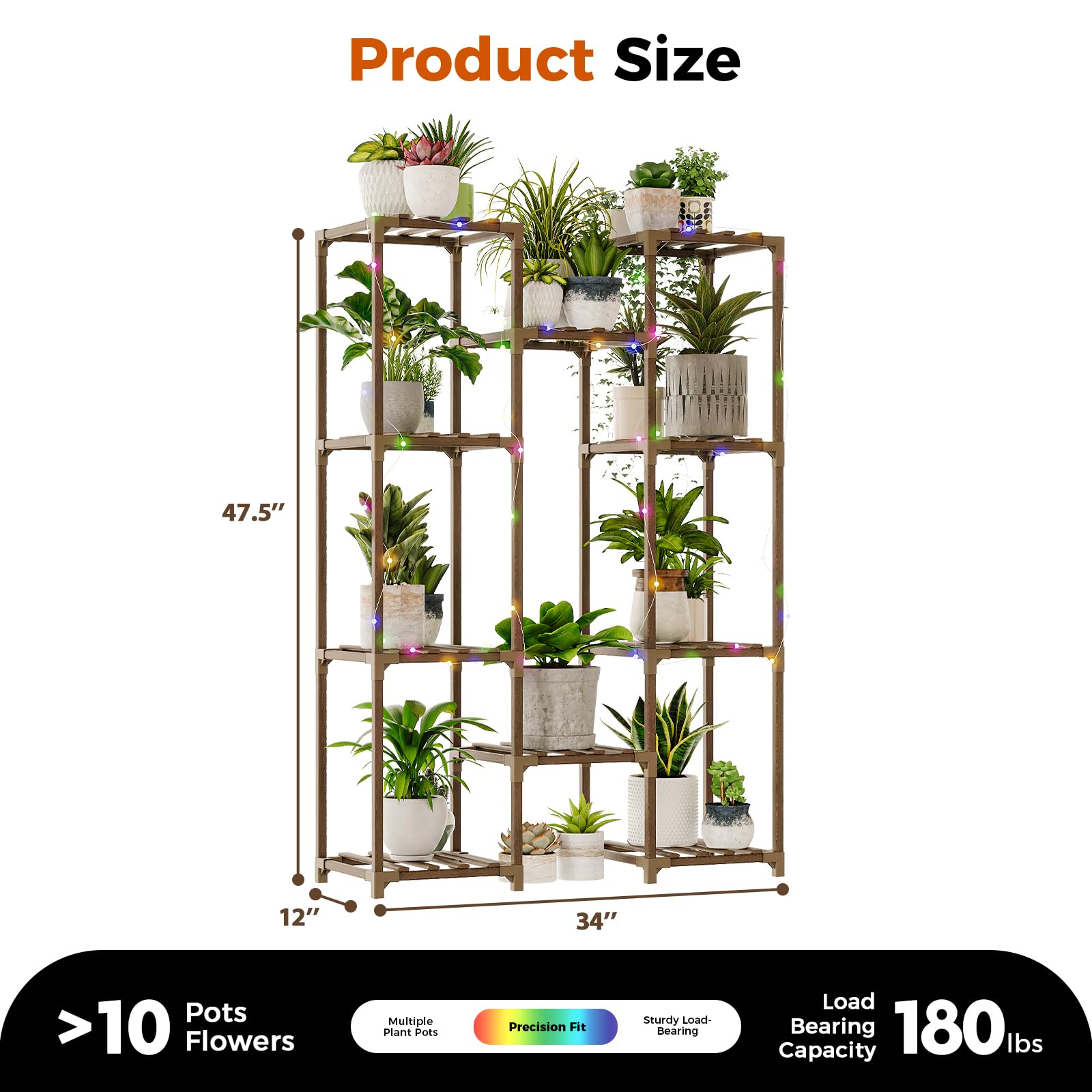 Bamworld Indoor Plant Stand with Fairy Lights – 10 Pot Wooden Shelf