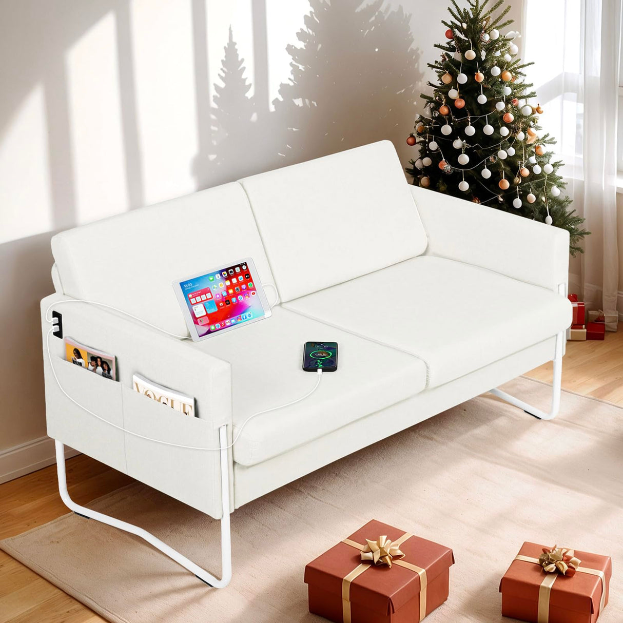 51” Small Loveseat Sofa for Small Spaces, Comfy Beige Couch with 2 USB Ports