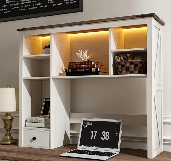 37.4" W Desk Shelf for Top of Desk with LED Lights, Adjustable Desk Shelf with 8 Shelves