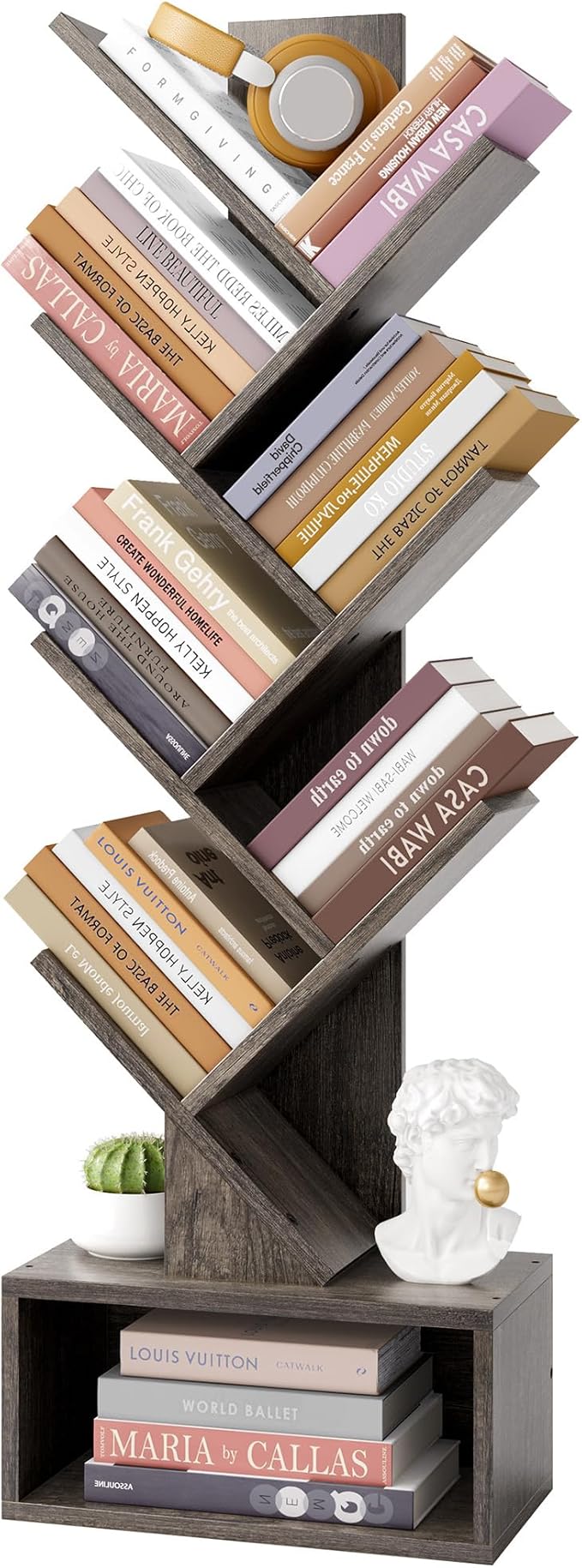 6 Tier Tree Bookshelf, Tall Bookcase with Drawer, Freestanding Book Shelf