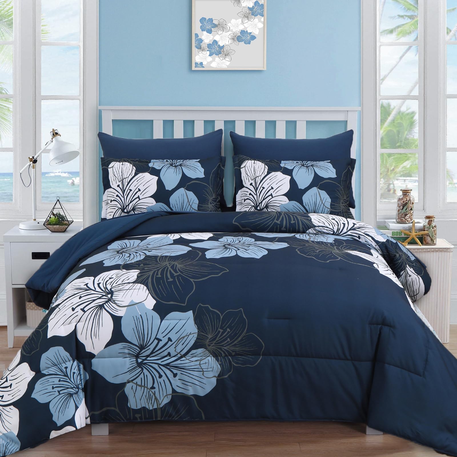 Blue Comforter Set Queen Size, 7 Pieces Bed in a Bag Navy Blue