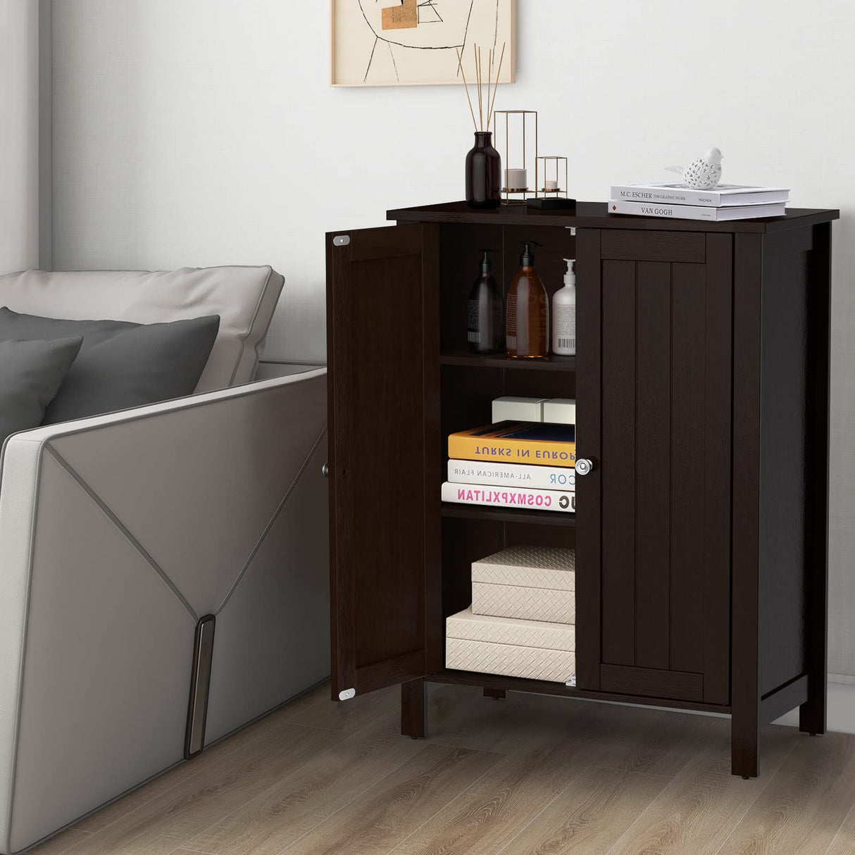 Bathroom Floor Cabinet - Freestanding Side Storage Organizer with Double Doors & Adjustable Shelf