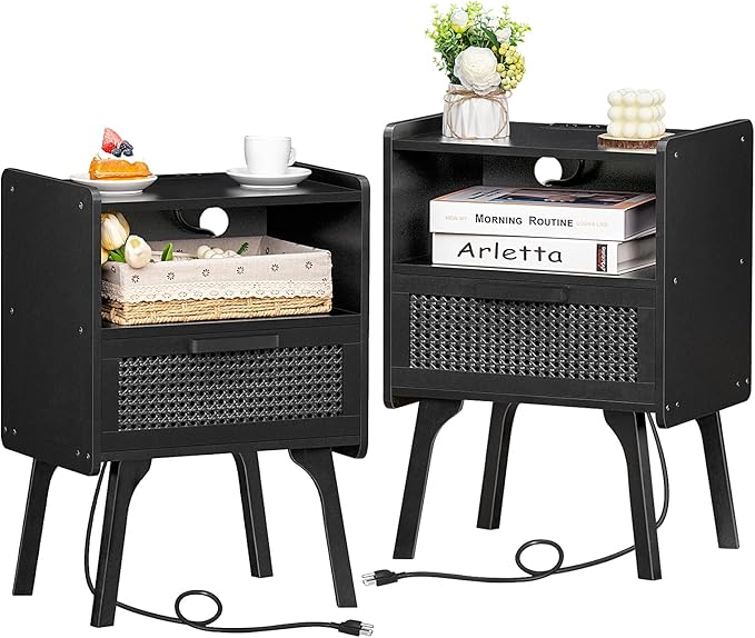 Rattan Nightstands Set of 2 with Charging Station