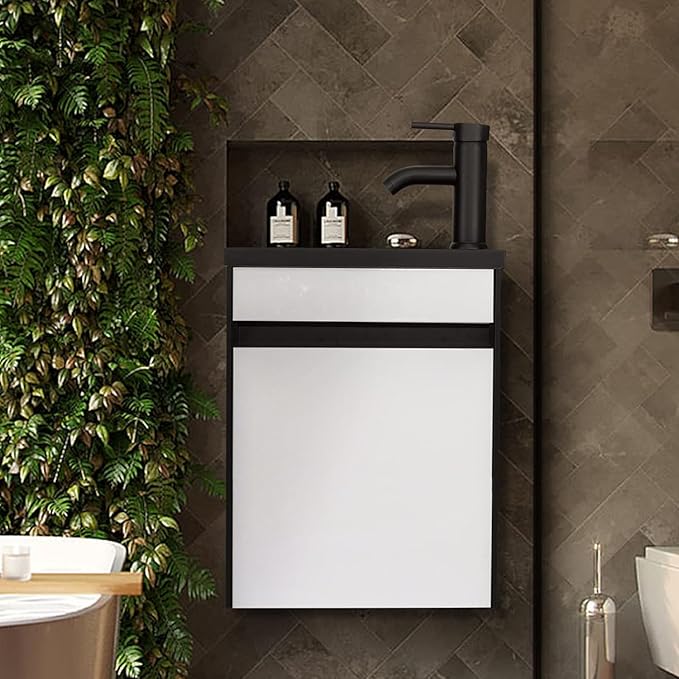 16" Small Bathroom Vanity Wall Mounted,White Small Bathroom Vanity with Ceramic Sink