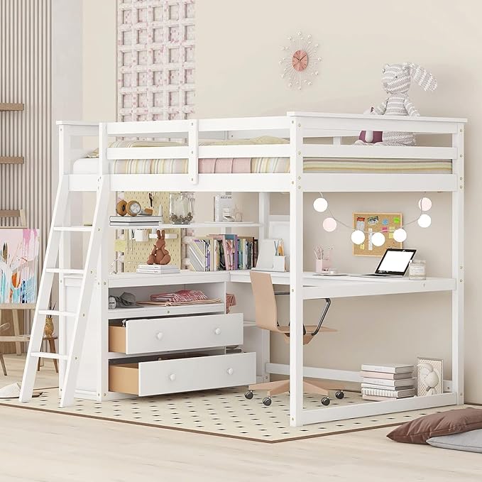 Full Size Loft Bed with Desk and Shelves