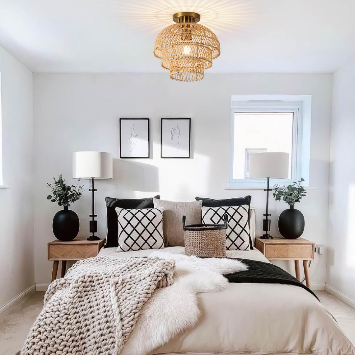 12'' Rattan Ceiling Light Fixtures Boho Chandelier Rattan Semi Flush Mount Ceiling Light