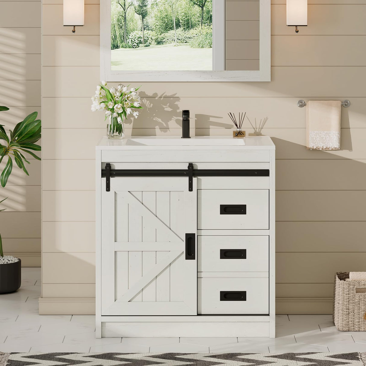 Farmhouse Bathroom Vanity with Sink Combo, 31in Sliding Barn Door Bathroom Vanity Cabinet Set