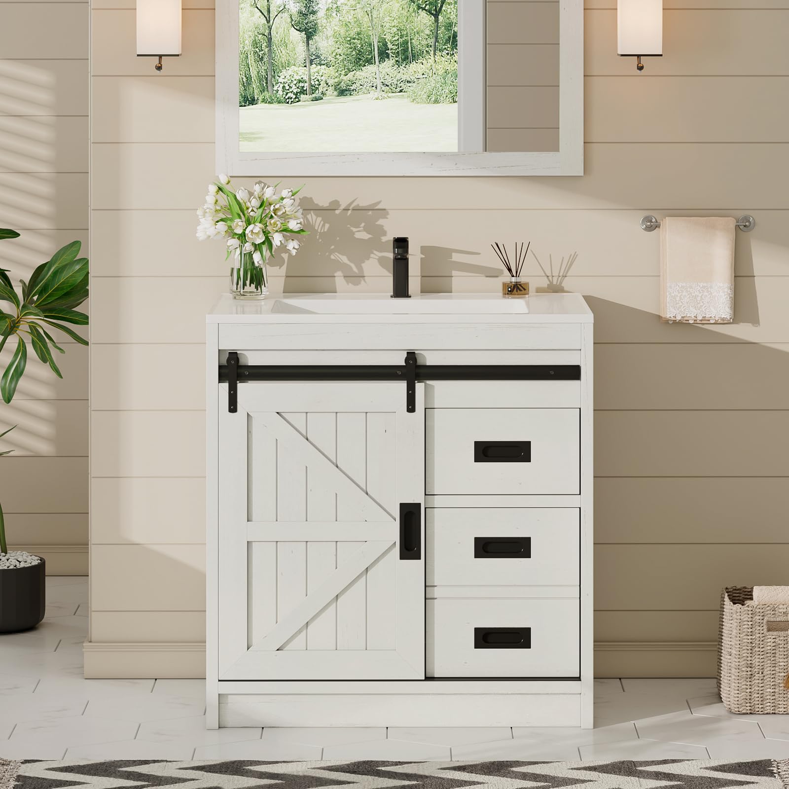 Farmhouse Bathroom Vanity with Sink Combo, 31in Sliding Barn Door Bathroom Vanity Cabinet Set