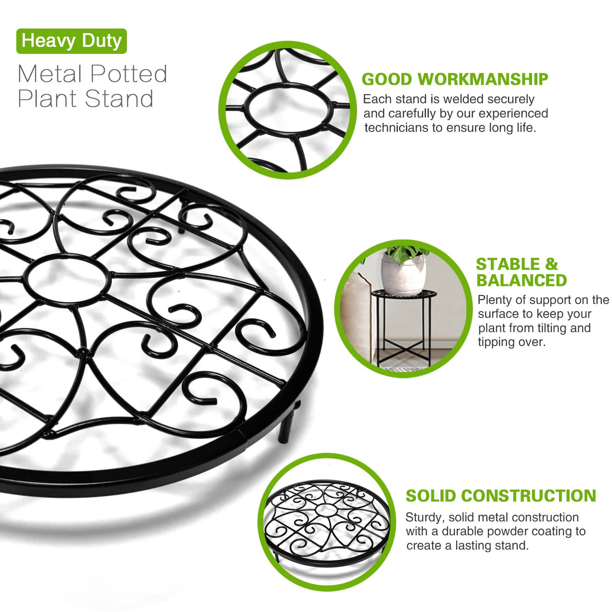 IronBloom 15" Tall Metal Plant Stand – 2 Pack, Round Heavy Duty Pot Holder