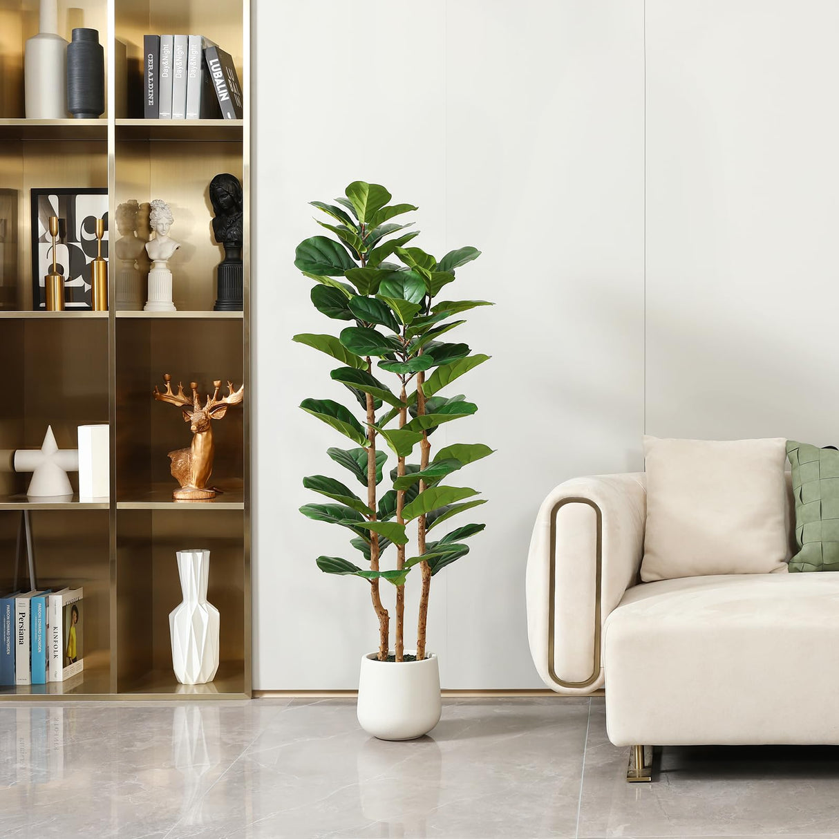 Artificial Fiddle Leaf Fig Tree with White Planter,5ft Tall Fake Tree with Natural Wood