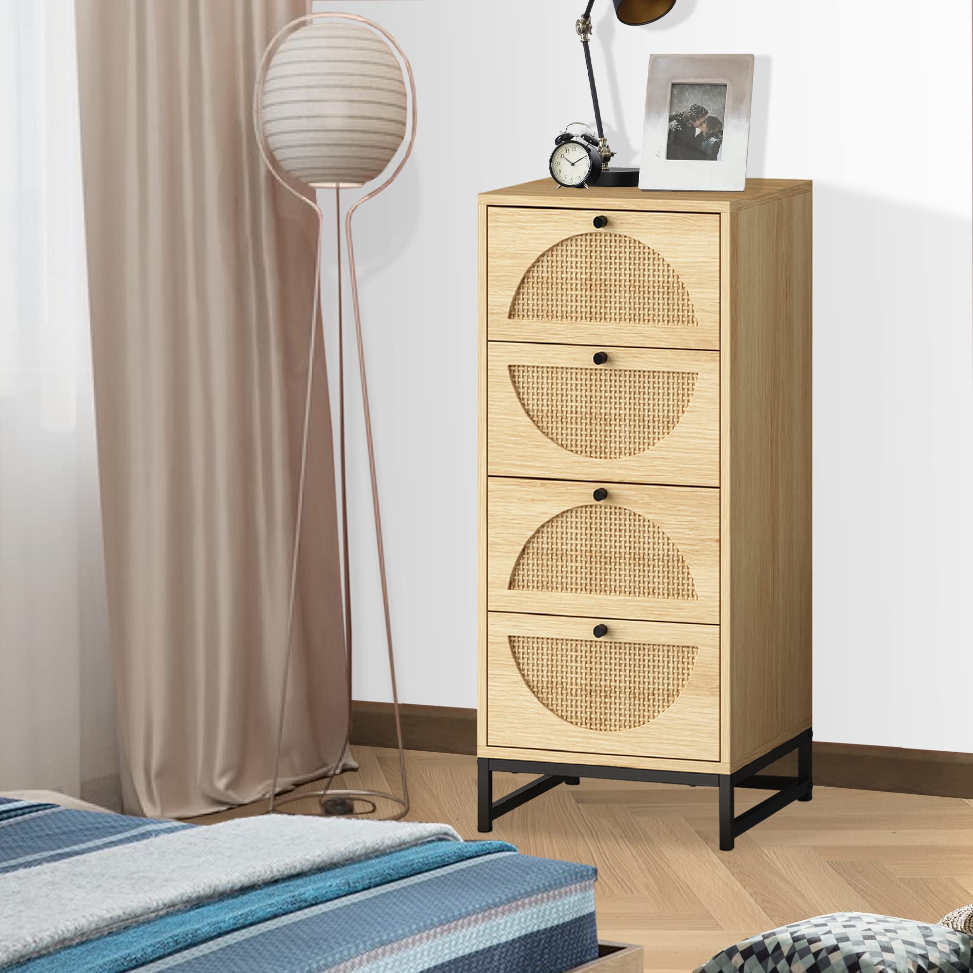 4 Drawer Rattan Dresser with Metal Legs - Natural Oak Storage Cabinet for Bedroom