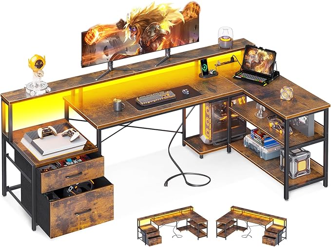 L Shaped Standing Desk with LED Light and Power Outlet, Dual Motor Height Adjustable