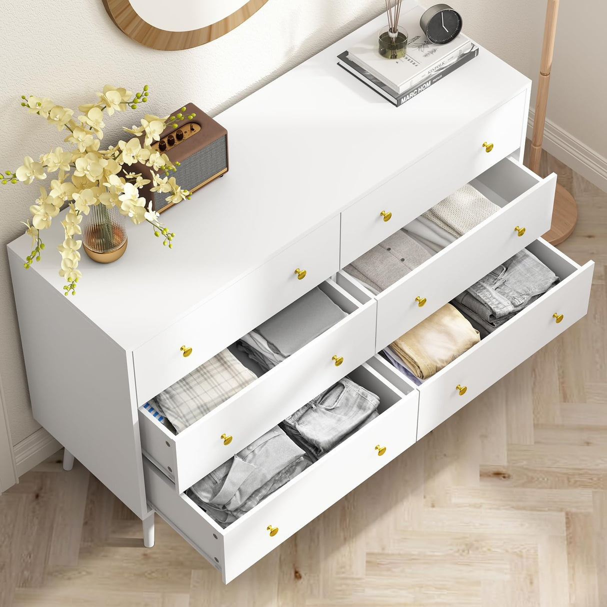 White Dresser for Bedroom, Double Wood Dresser with Gold Handles