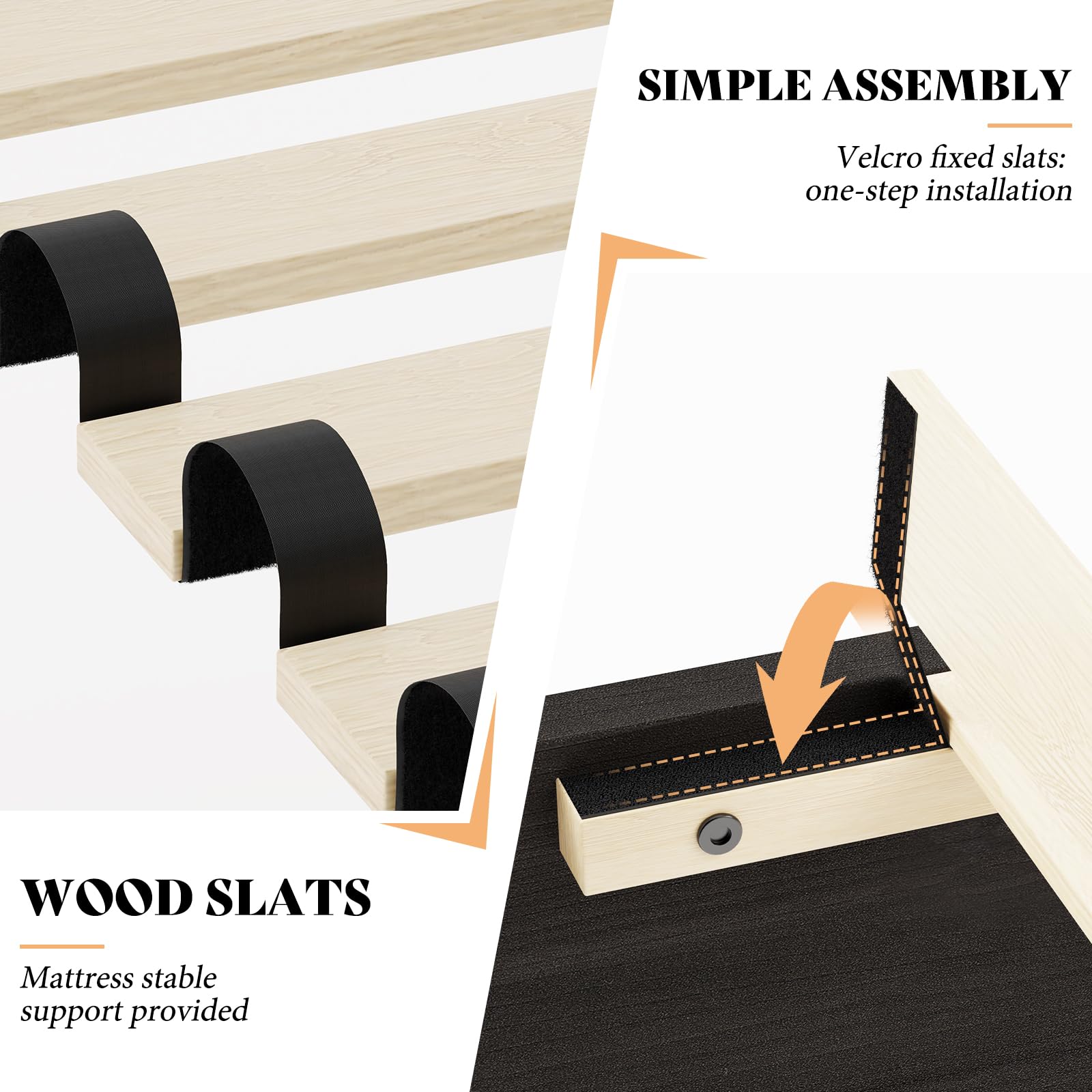 AMERLIFE Farmhouse Full Size Bed Frame with 49" Fluted Headboard, Platform Bed with Natural Wood Grain, No Box Spring Needed/Noise Free, Black