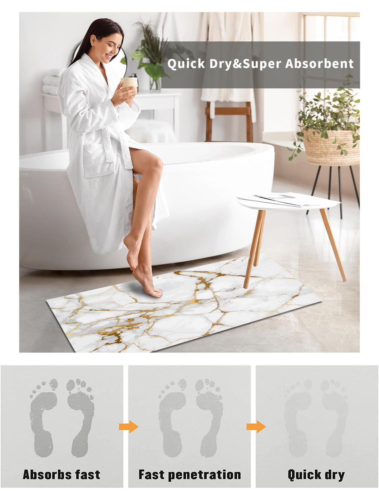 Long Gold White Marble Bath Mat,Non Slip Super Absorbent Quick Drying Bathroom Runner Rug