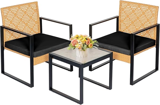 3 Piece Outdoor Wicker Furniture Patio Bistro Set, Balcony Furniture Rattan Conversation