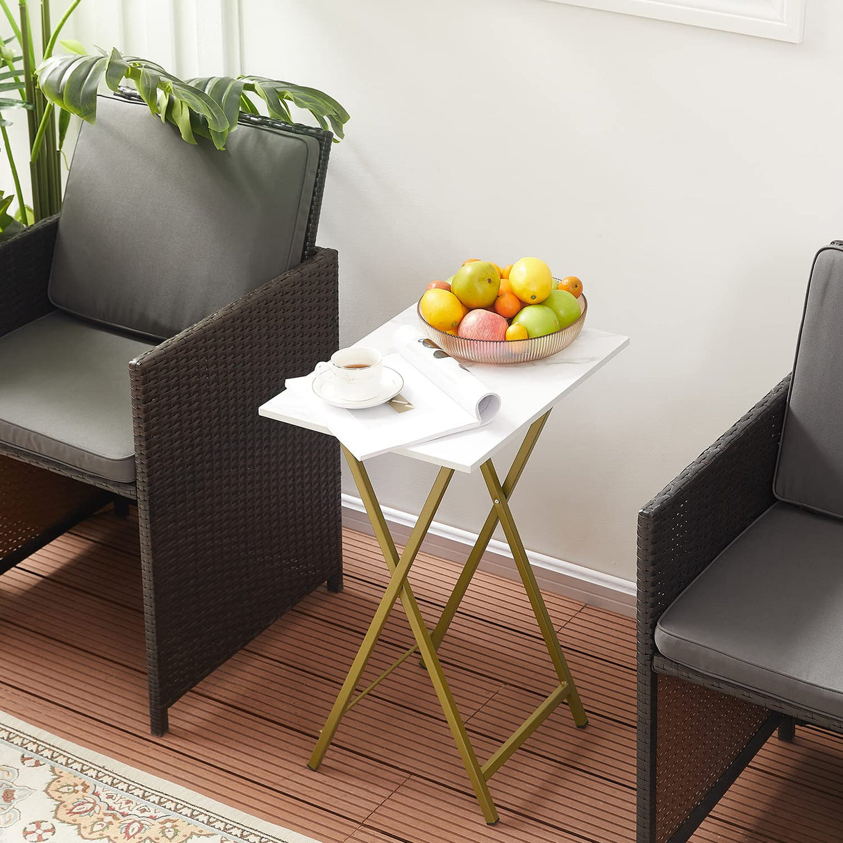 LuxFold 2-Piece Modern Marble Snack Tray Table Set with Cup Holder