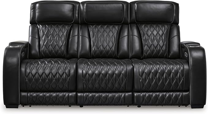 Warnerton Faux Leather Power Reclining Sofa with Adjustable Headrest, Brown