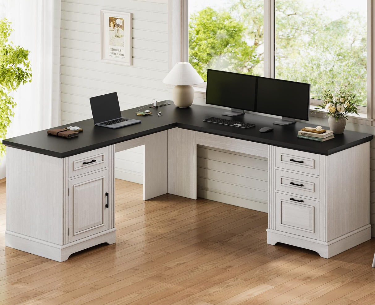 Farmhouse Executive L Shaped Desk, Home Office Desk with File Drawer and Power
