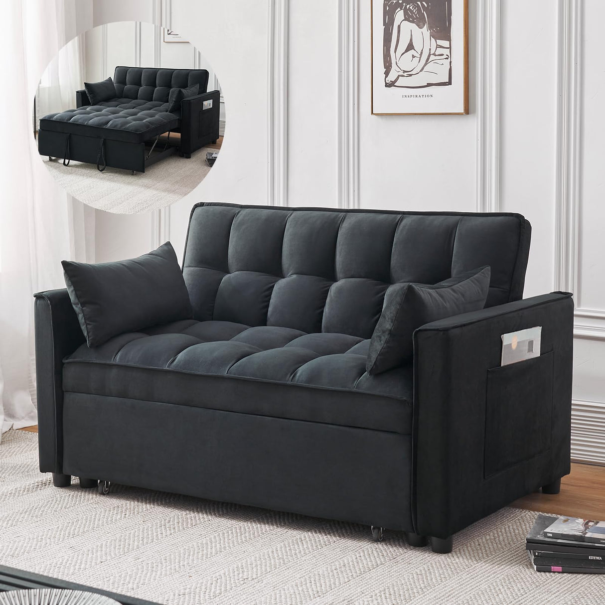 Futon Sofa Bed, Modern Velvet 3 in 1 Convertible Sleeper Sofa Couch Bed