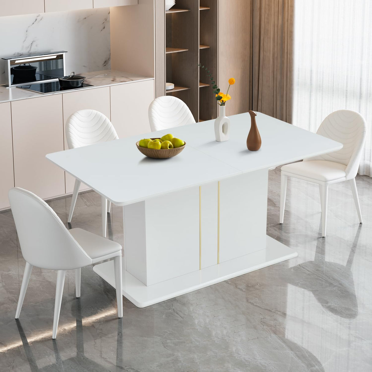 Extendable White Gloss Dining Table - 63 to 80.7 Inch Rectangular Table for 6-10 People
