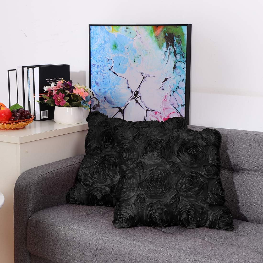 2 Pcs 3D Flowers Throw Pillow Cover, Romantic Decorative Satin Cushion Cover