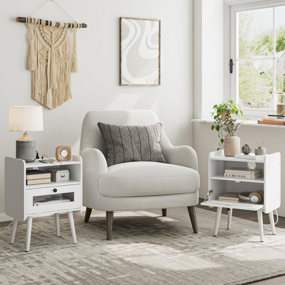 Nightstand with Charging Station,Mid-Century Modern Bedside Table with Storage Drawer