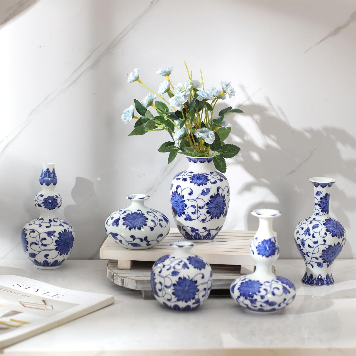 6 Pcs Blue and White Porcelain Vase Sets Mini Chinoiserie Vase Classic Ceramic Chinese