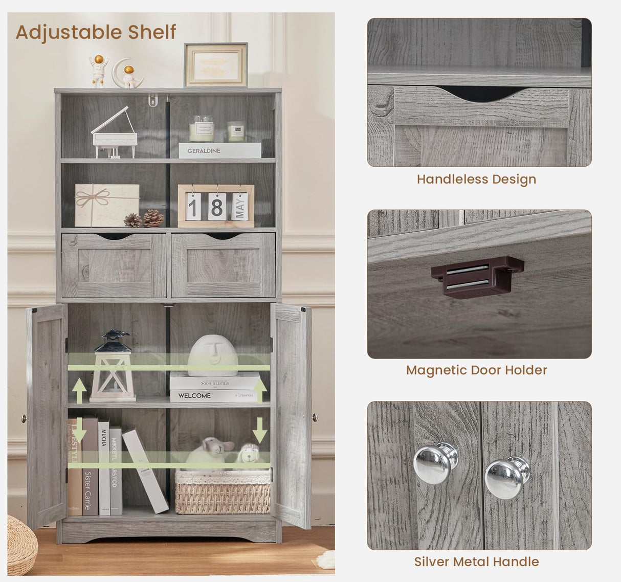 Cabinet with 2 Drawers & Adjustable Shelves, Bathroom Cabinet with Doors, Kitchen Pantry Cabinet