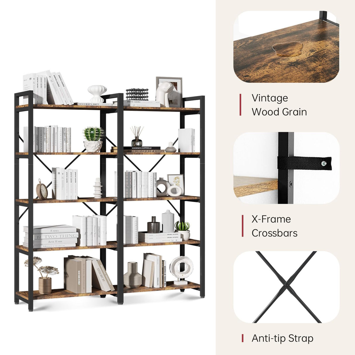 5 Tier, 58.7'' Industrial Wooden Book Shelf with Metal Frame, Large Storage Rack with Open Shelves, Wood Display Bookcase for Home and Office, Rustic Brown