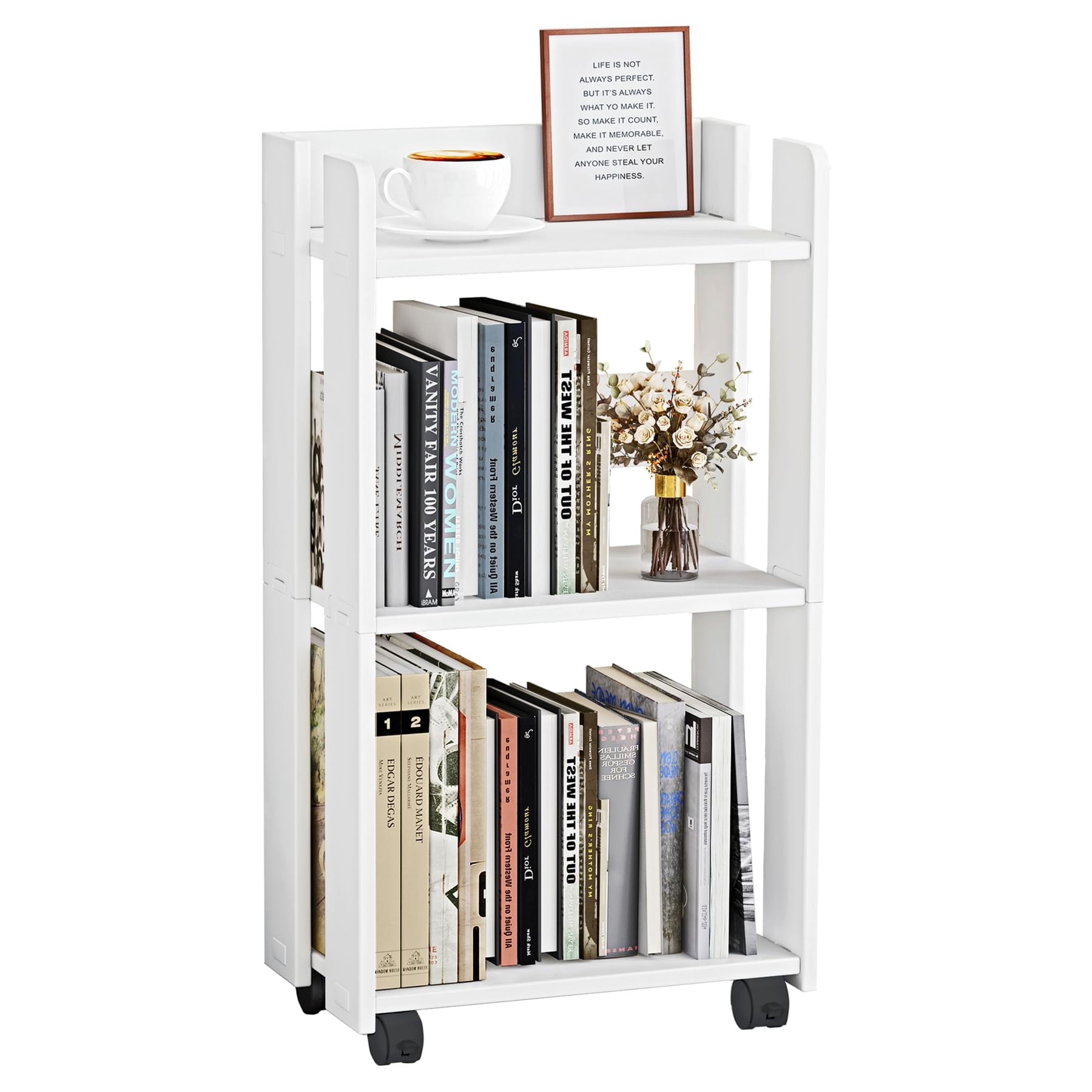 yeavs 3-Tier Side Table with Wheels, Moveable Bookshelf, Multi-Functional Rolling Bookcase Storage Cart Organizer for Office Living Room Bedroom Bathroom, White