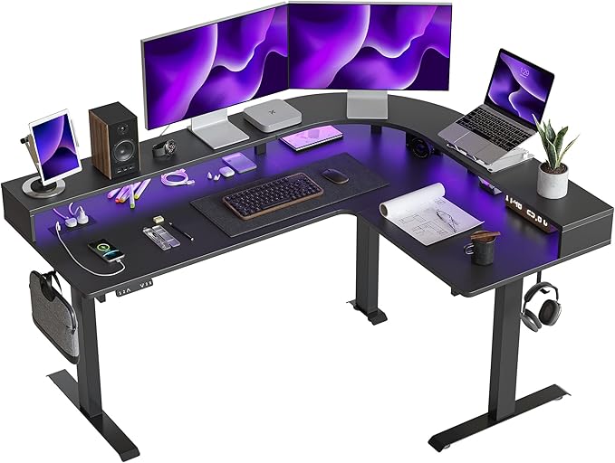 Triple Motor L Shaped Stadning Desk with LED Strip & Power Outrlets,63 inches Height