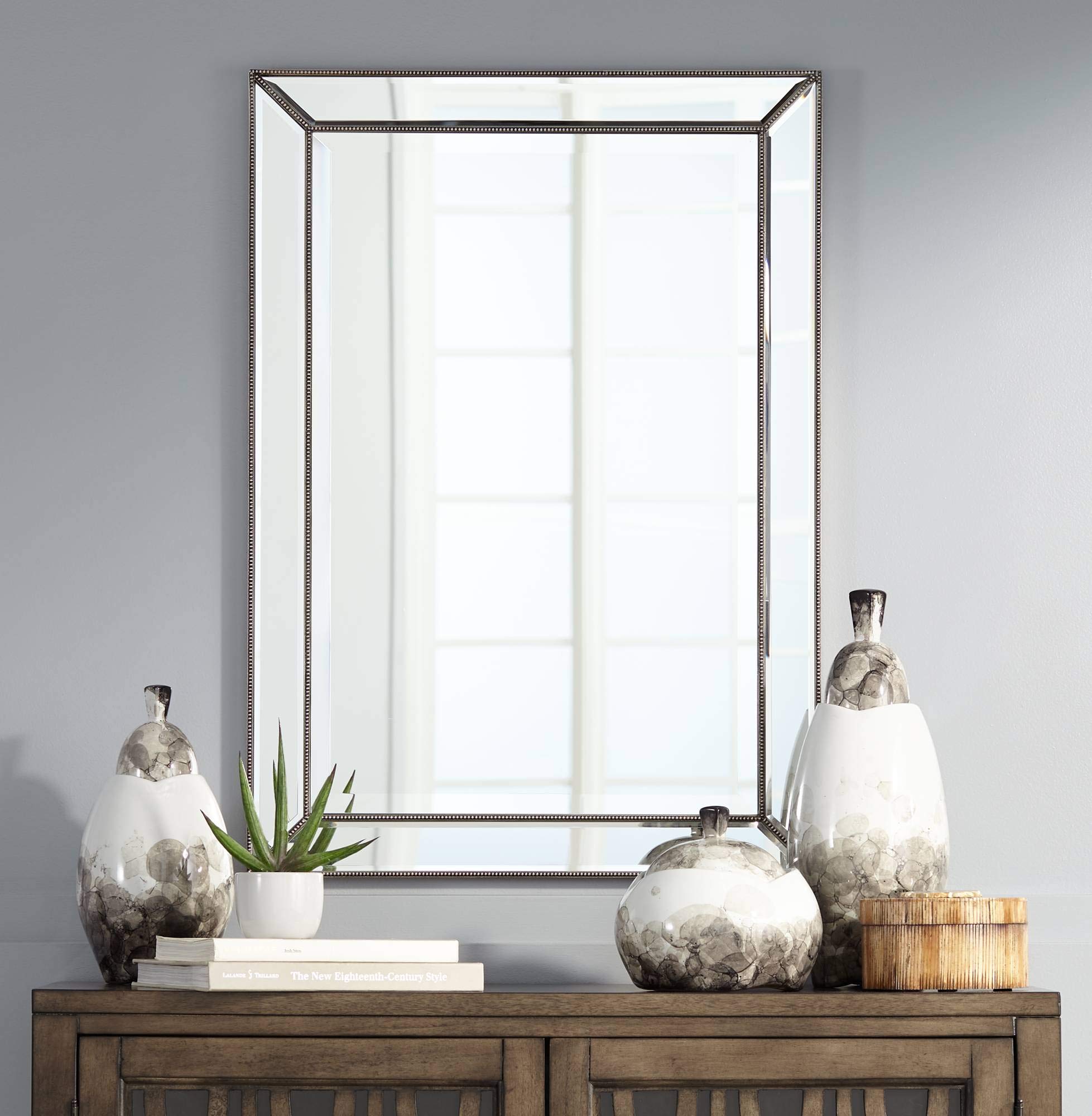 Vanity Decorative Wall Mirror Modern Doubled Beaded Border Silver