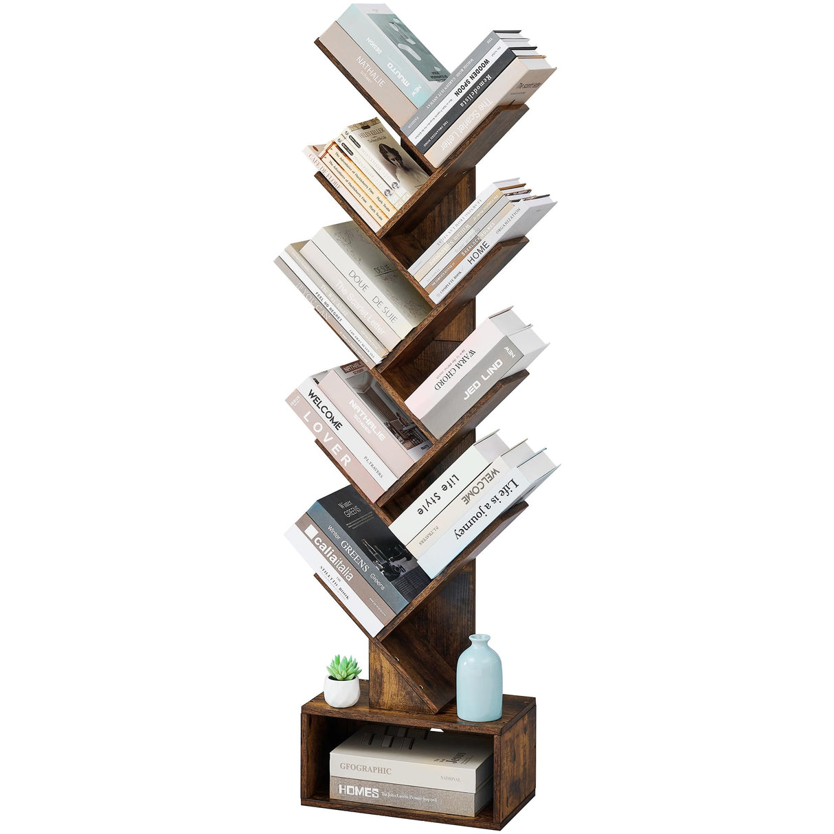 9 Tier Tree Bookshelf with Drawer Bookcase, Floor Standing Book Storage Shelf