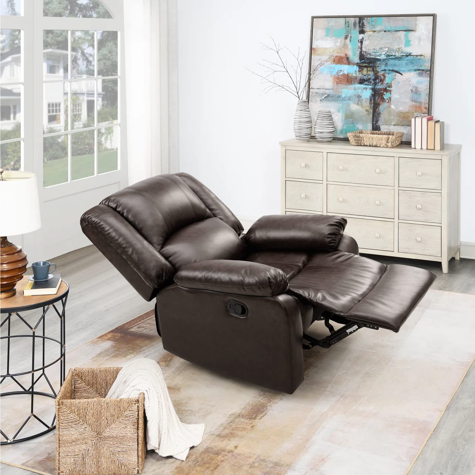 CloudNest Bonded Leather Recliner Chair – Plush Cushion, Pull Ring Recline
